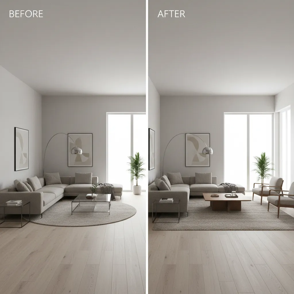 Comparison of poorly arranged living room and improved layout design