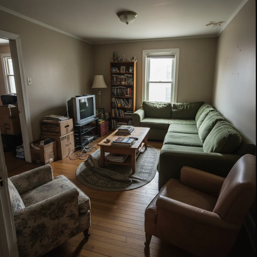 Cluttered old living room with green sofa wooden coffee table bookshelf television and two armchairs