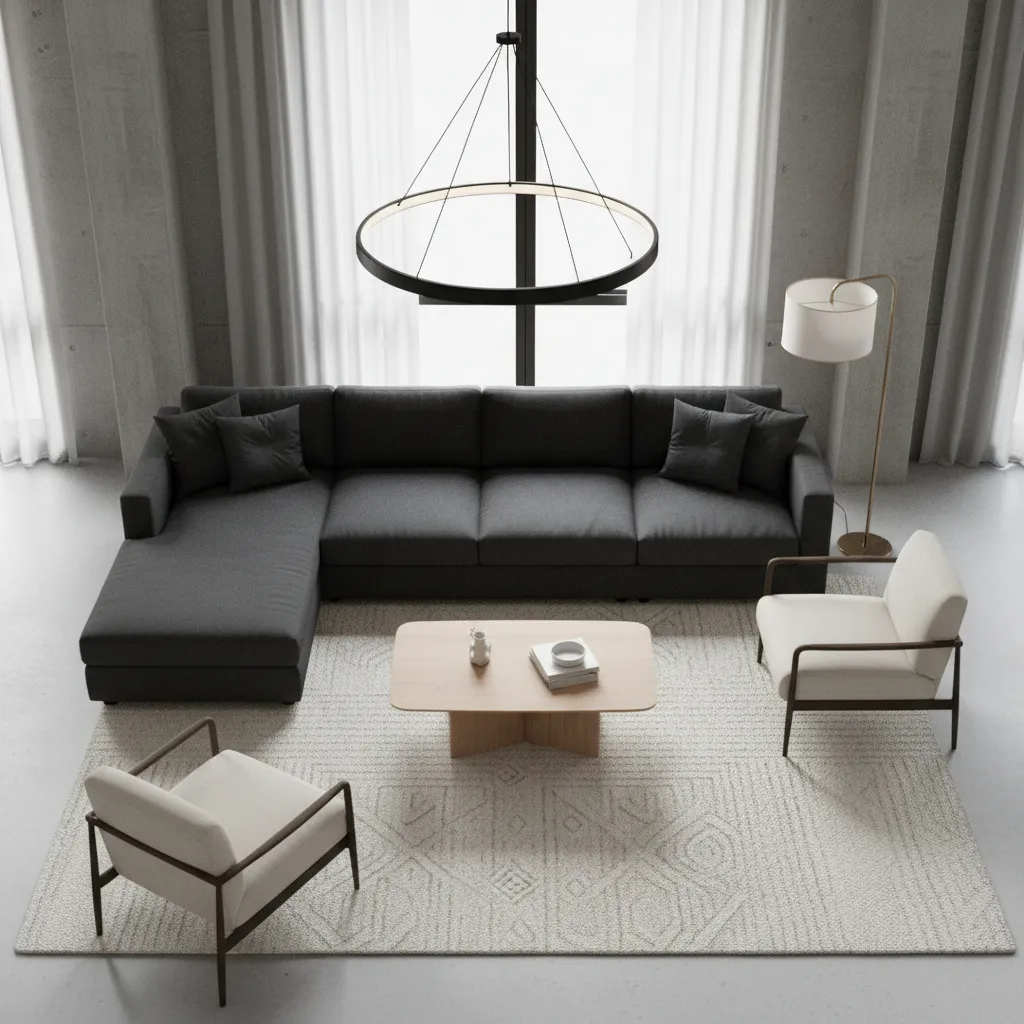 Living room layout showing black sofa placement with balanced lighting