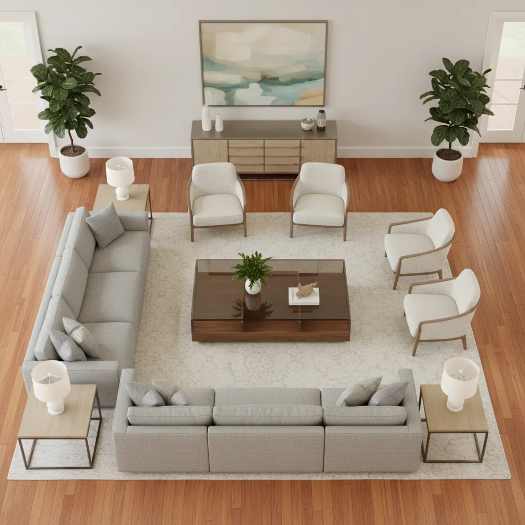 Living room layout showing furniture placement on cherry wood floors