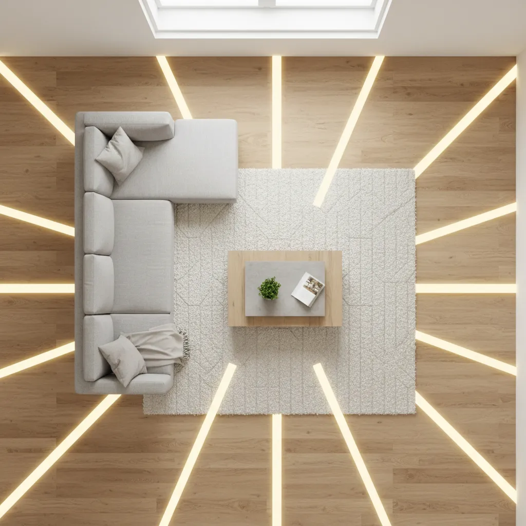Living room layout showing sofa placement and walking circulation space