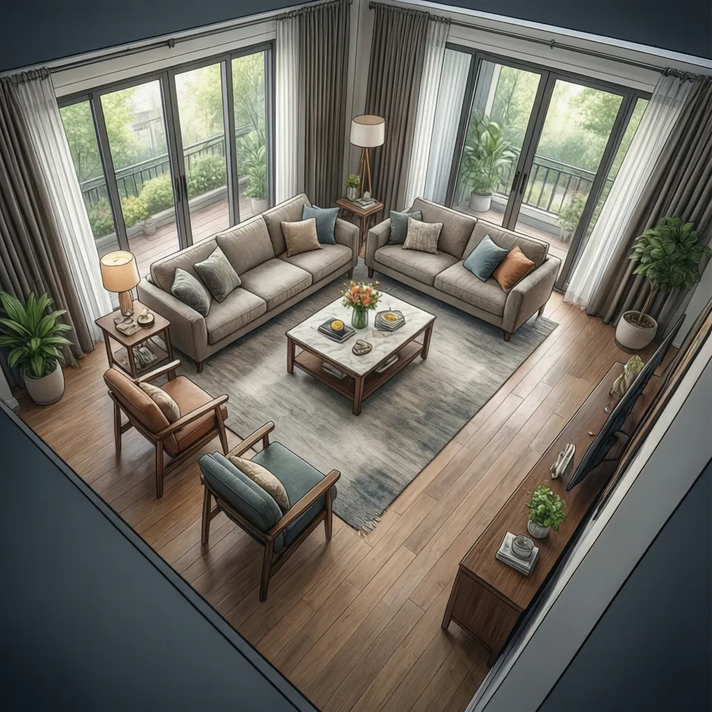 living room furniture layout showing walkway clearance spacing
