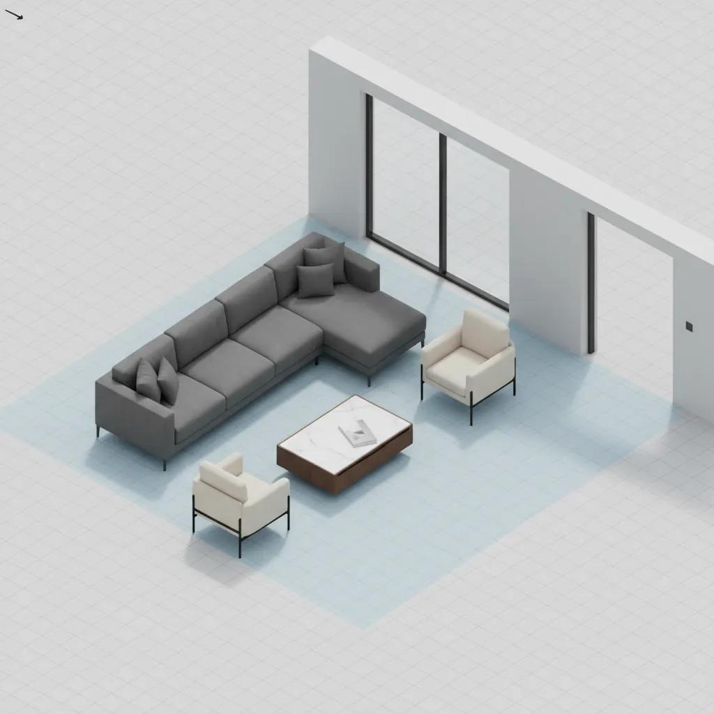 Living room layout diagram showing walking clearance between sofa table and chairs