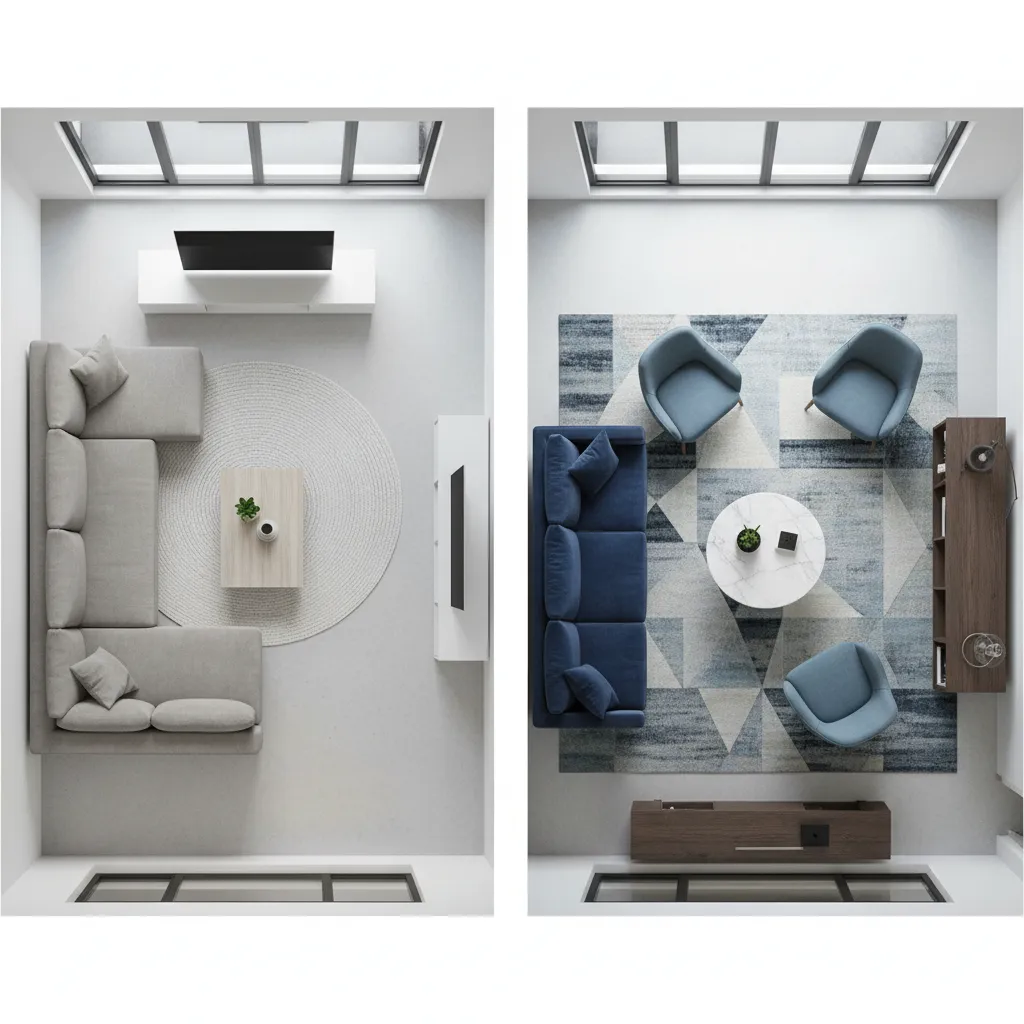 Comparación de dos distribuciones diferentes de muebles en un salón
