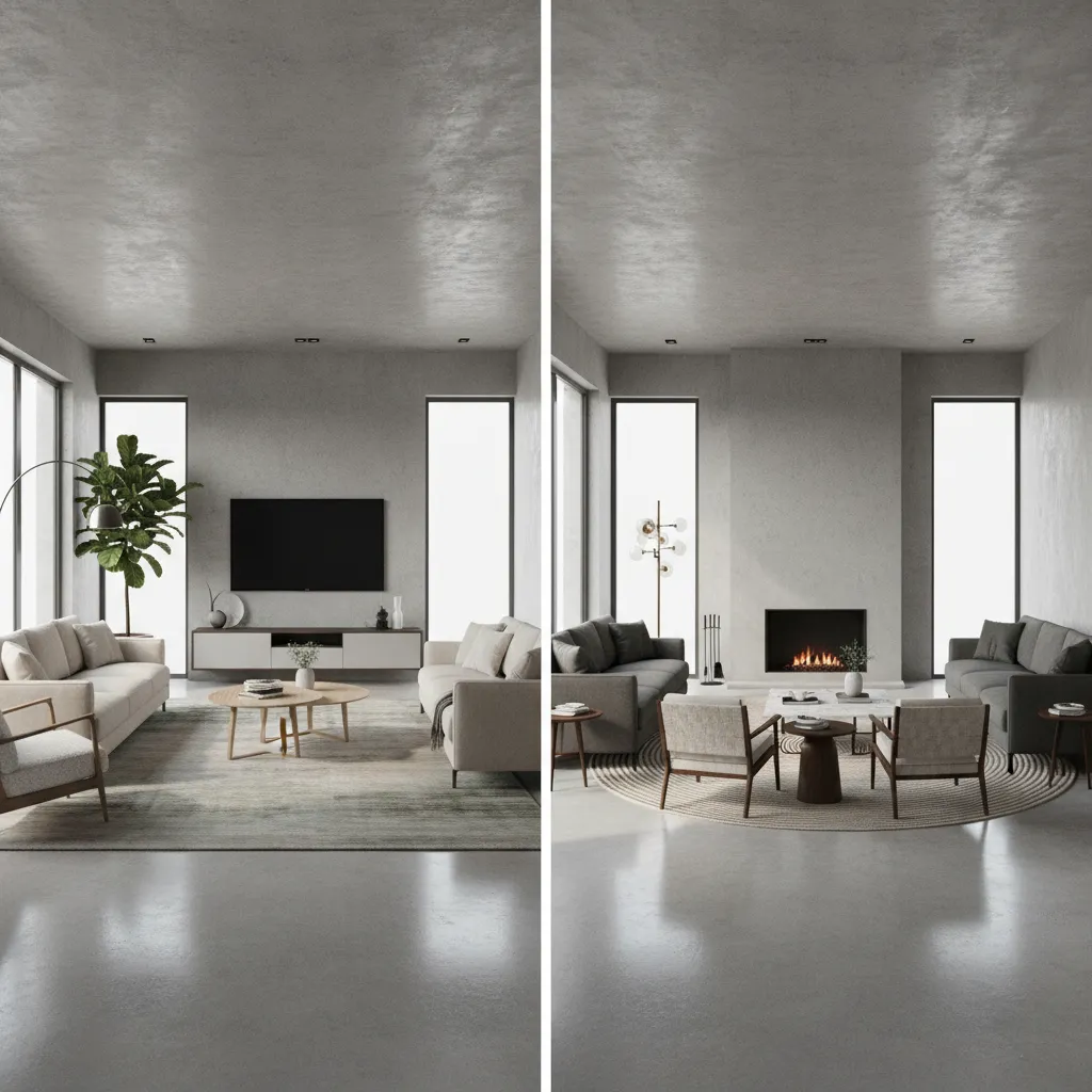 Comparison of two modern living room layouts with a TV screen versus a warm fireplace