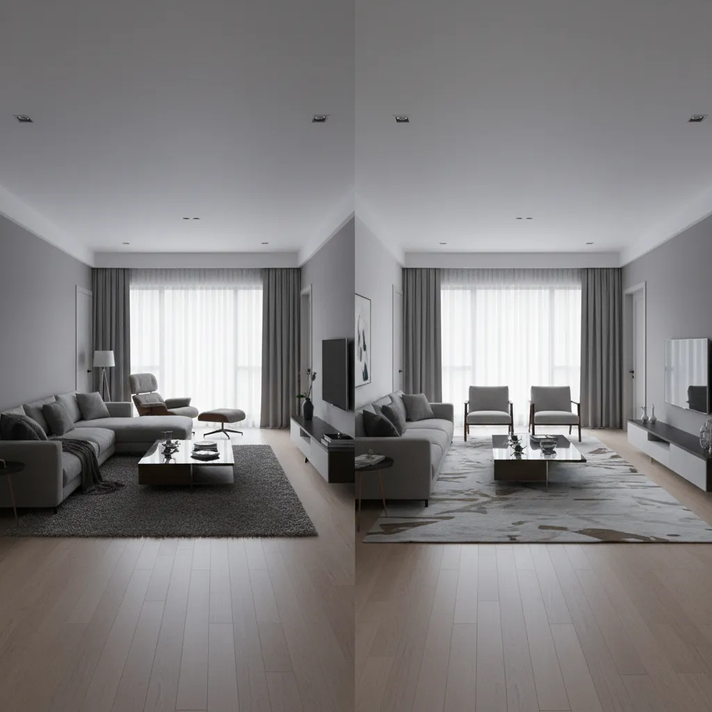 Comparison of poor and optimized living room furniture layouts