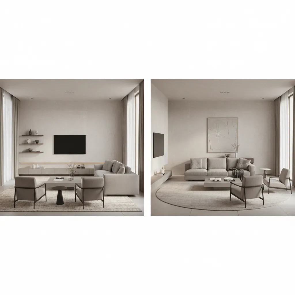 Comparison of two living room layouts with different sofa placements
