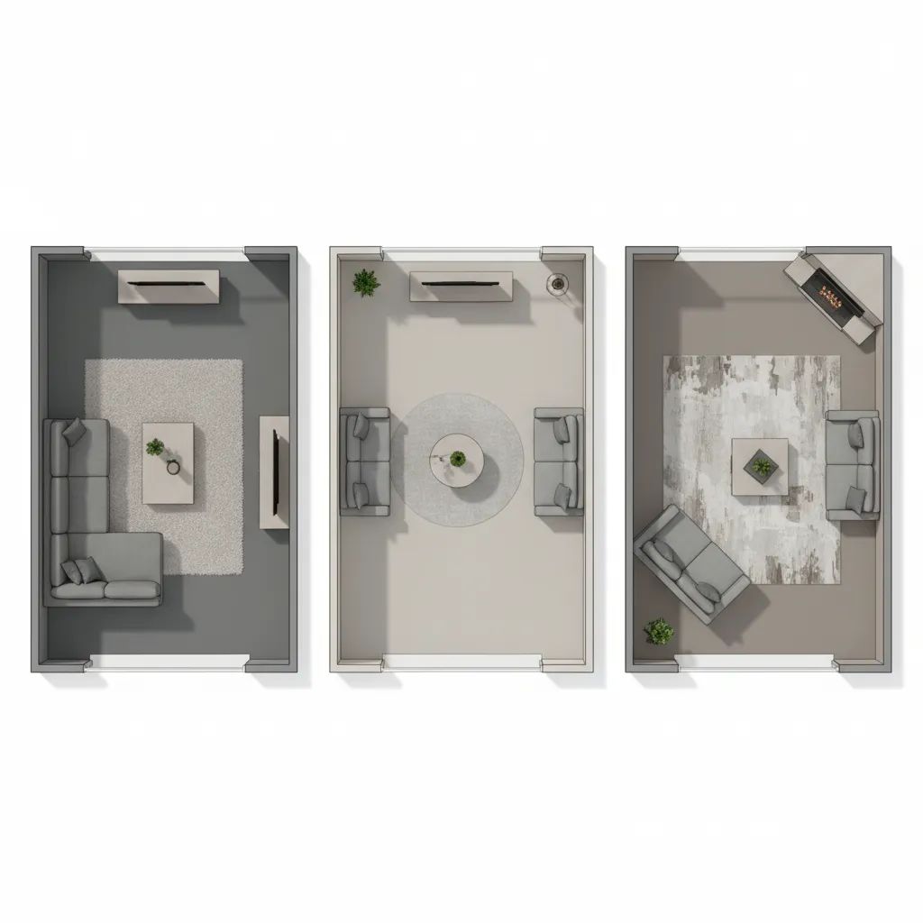 Three different living room furniture layout options shown side by side