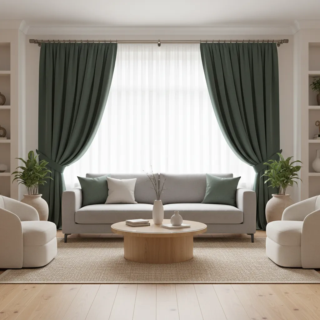 Wide window framed with dark green curtains in modern living room layout