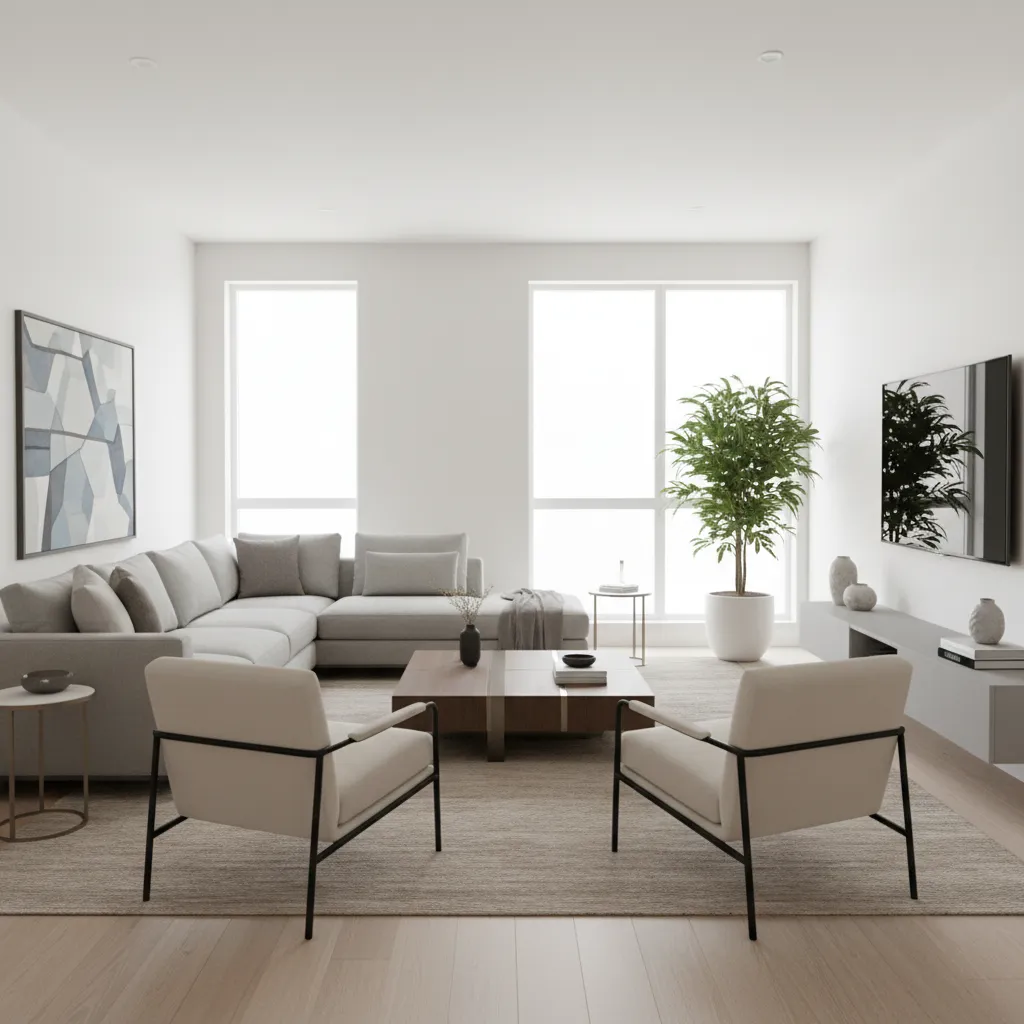 Distribución de muebles en un salón moderno bien equilibrado