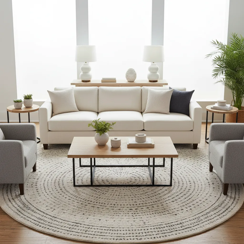 Modern living room interior design drawing with white sofa, grey chairs, wooden table, and rug