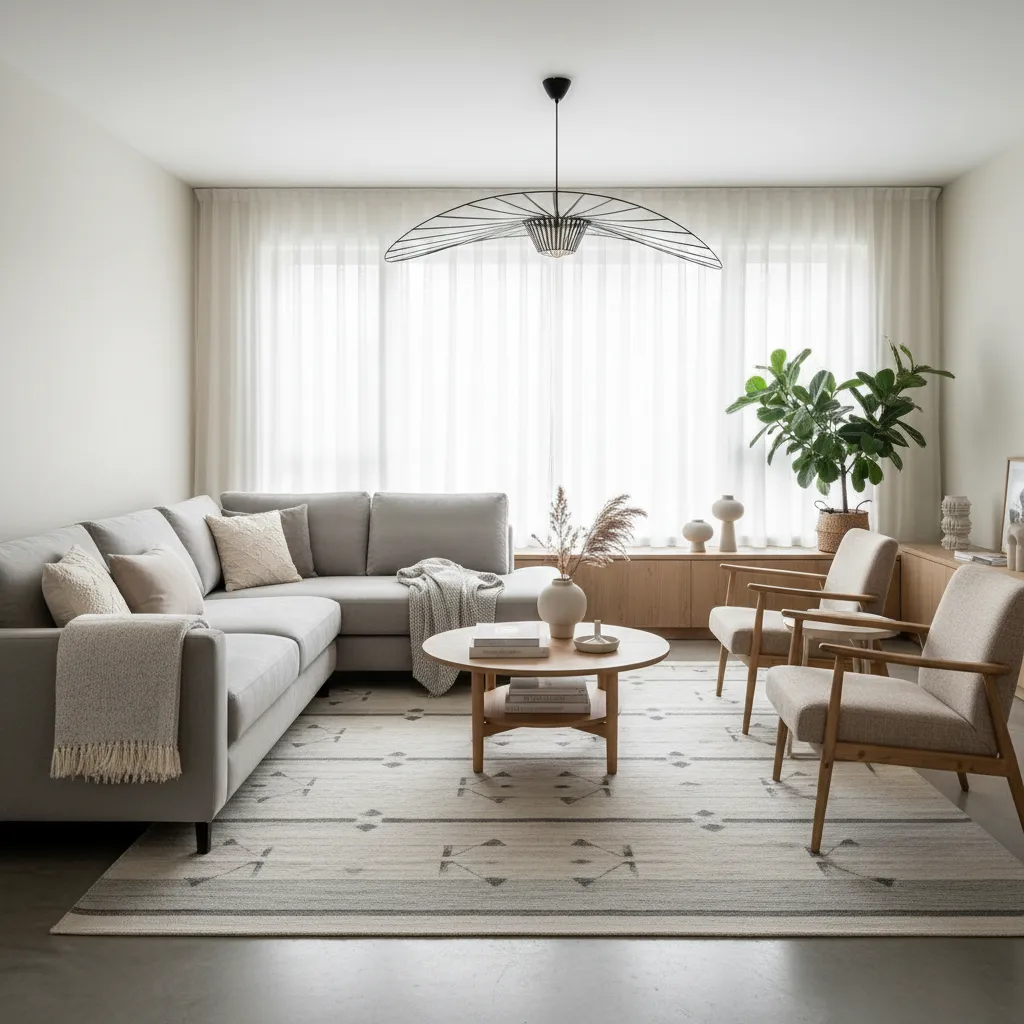 Diseño de distribución de salón con muebles bien organizados