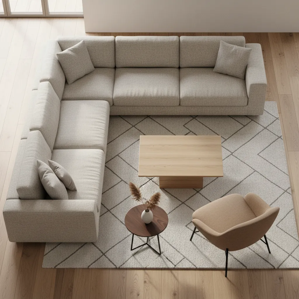 Distribución de muebles en una sala moderna con sofá central y mesa de centro