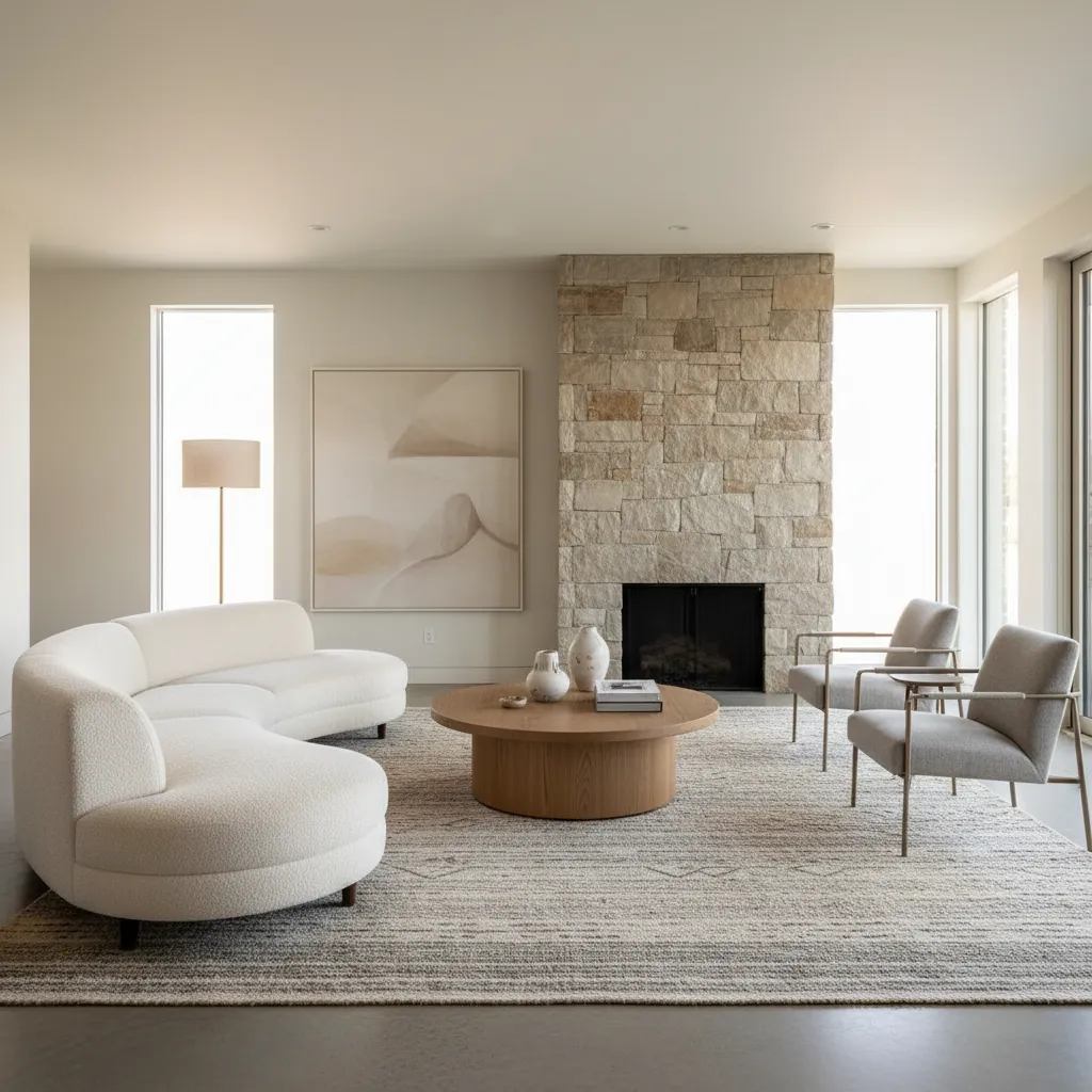 Sala de estar bien distribuida con sofá, mesa de centro y circulación clara