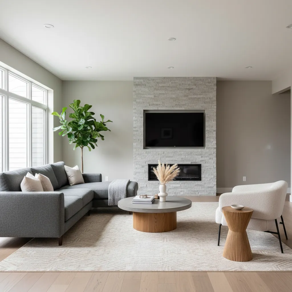 Modern living room with grey sofa, stone fireplace including television, round wooden coffee table, plant