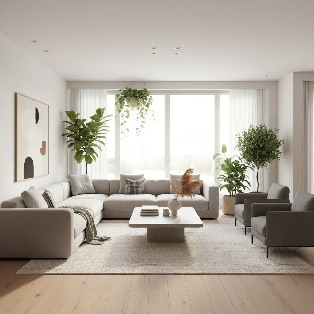 Large grey sofa and two chairs around a white coffee table in bright living room.