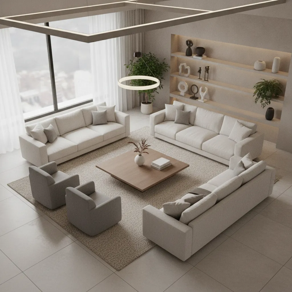Interior layout showing conversation seating arrangement