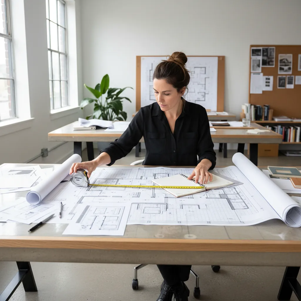 Diseñador analizando la distribución de un salón en un plano de interiorismo
