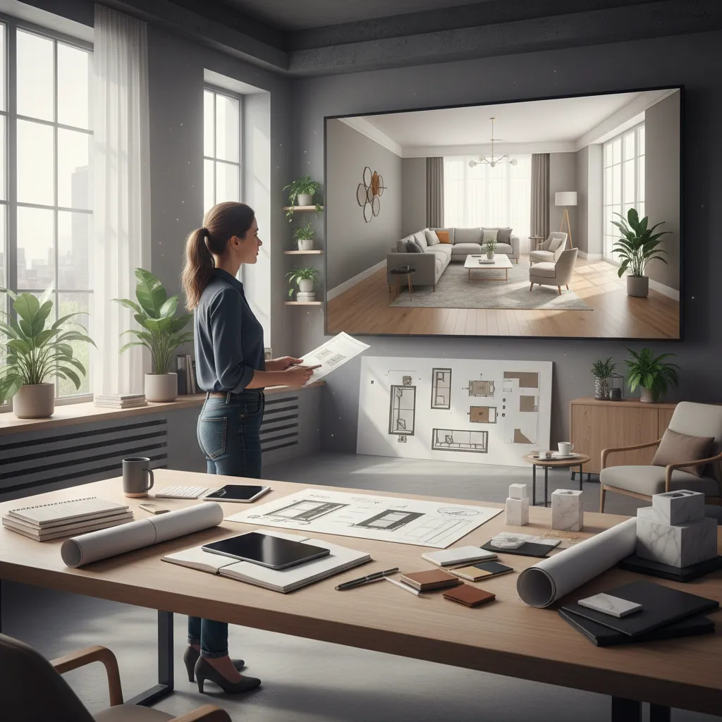 Diseñador analizando la distribución de un salón en un plano digital