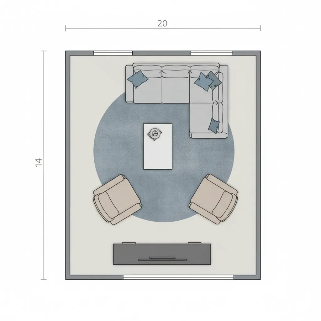 Top view diagram of a 14x20 living room furniture layout