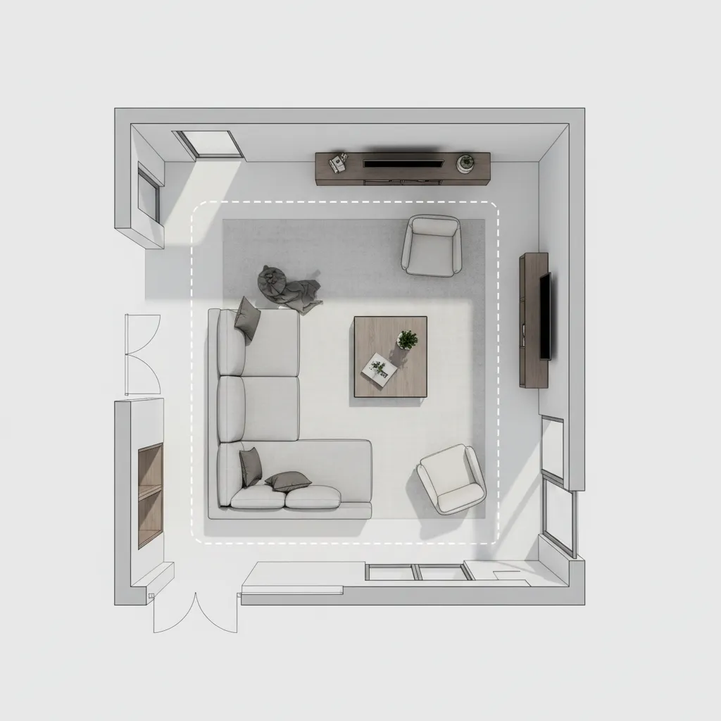 living room layout diagram showing sofa placement and traffic flow zones