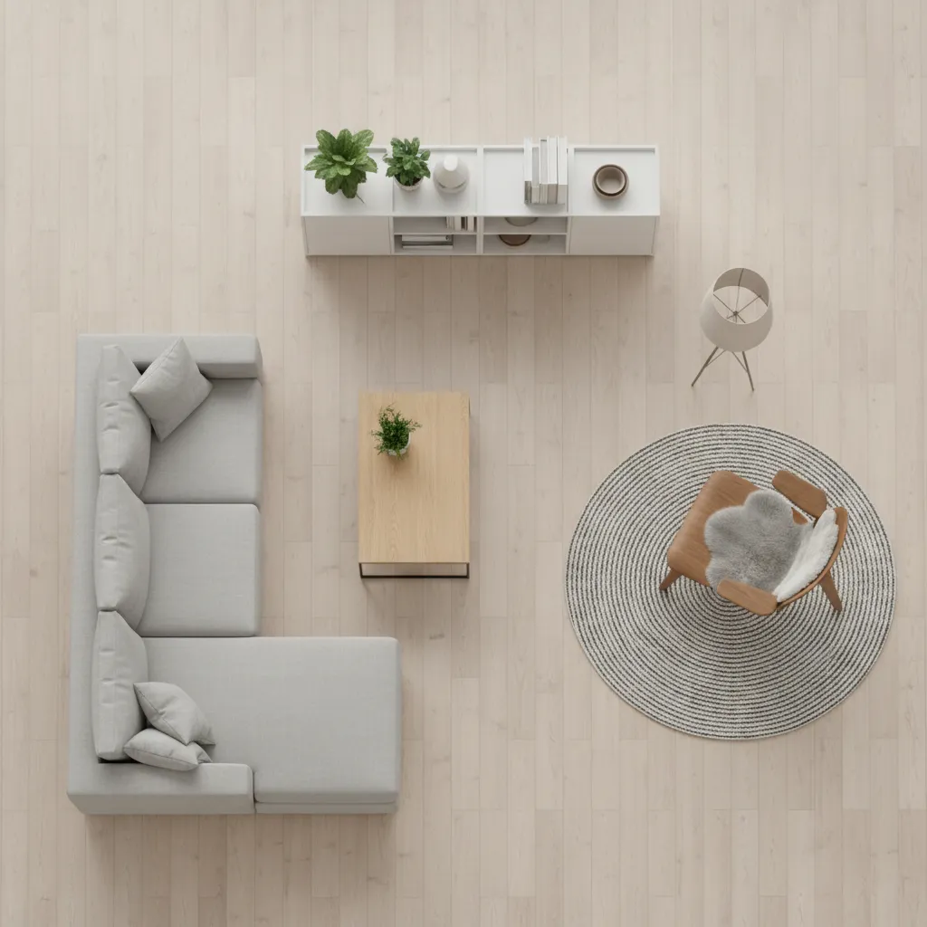 diseño digital de un salón con sofá mesa y estantería