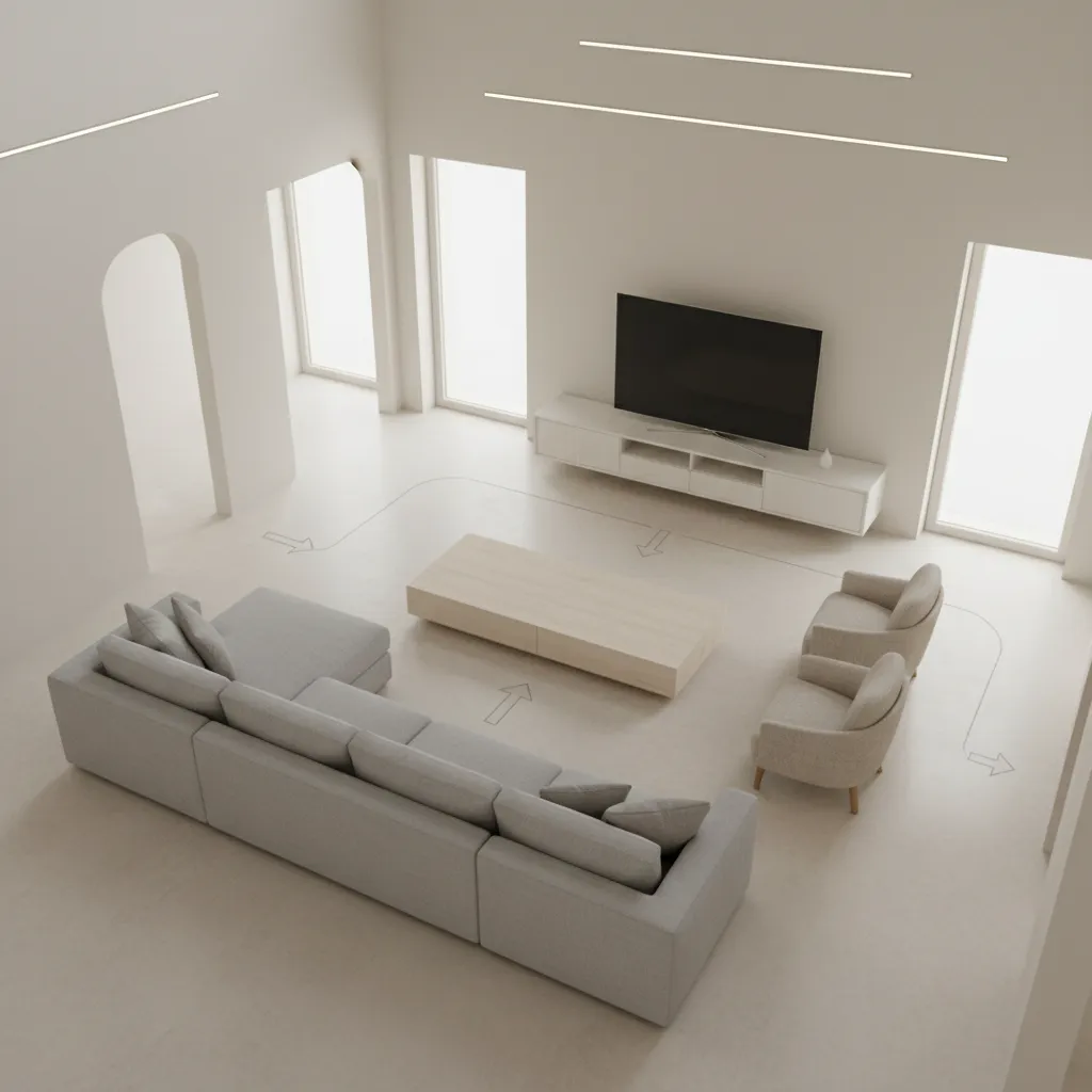 3D digital floor plan showing sofa coffee table TV and walking paths