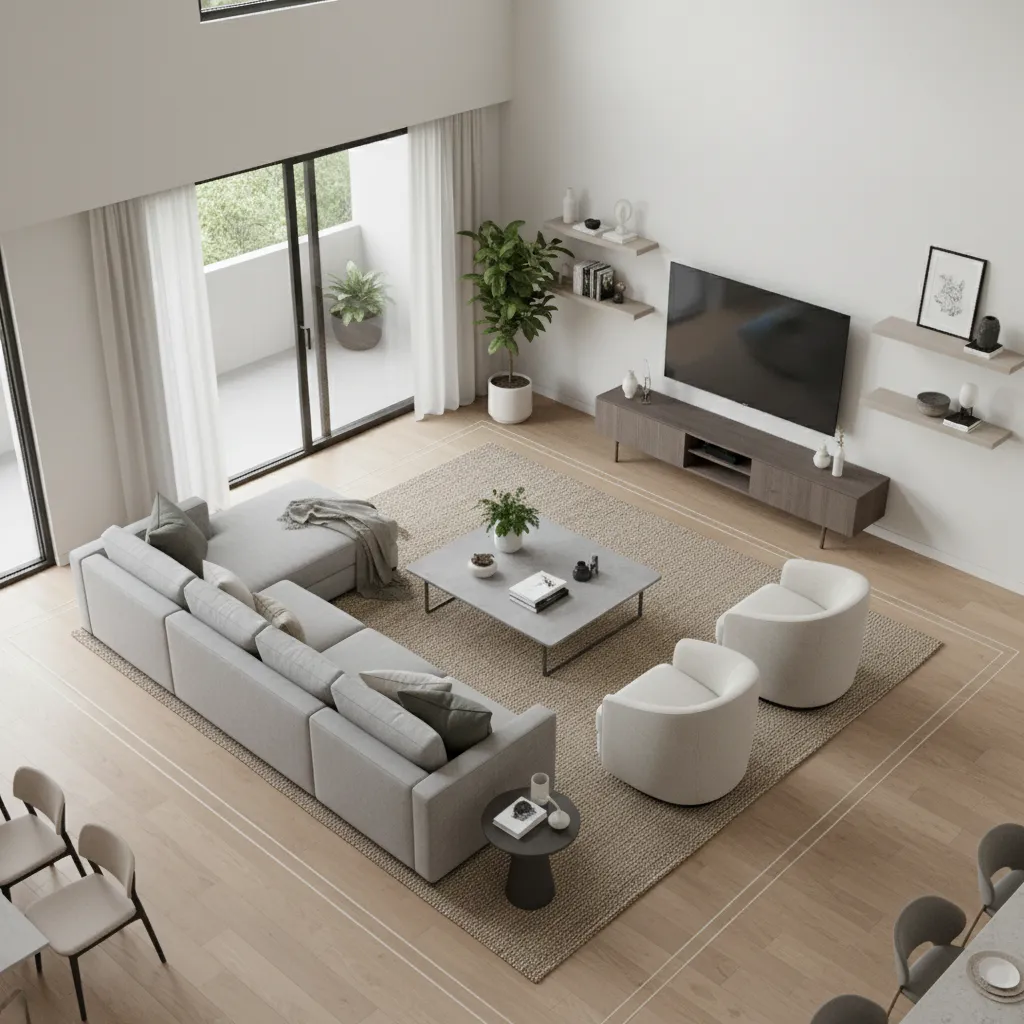 Living room layout showing clear movement flow and balanced furniture placement