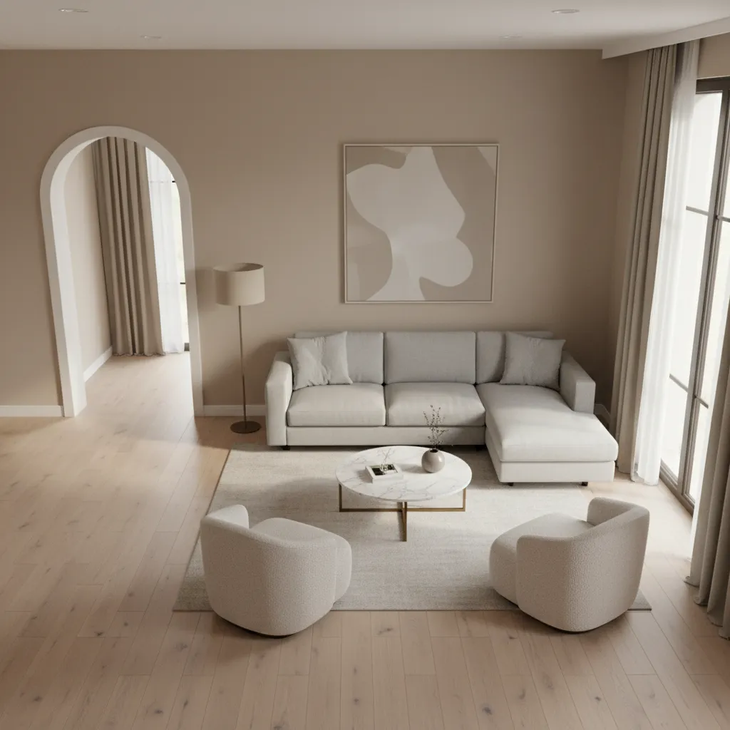 living room layout zones showing seating area and circulation path in a 15 x 18 living room
