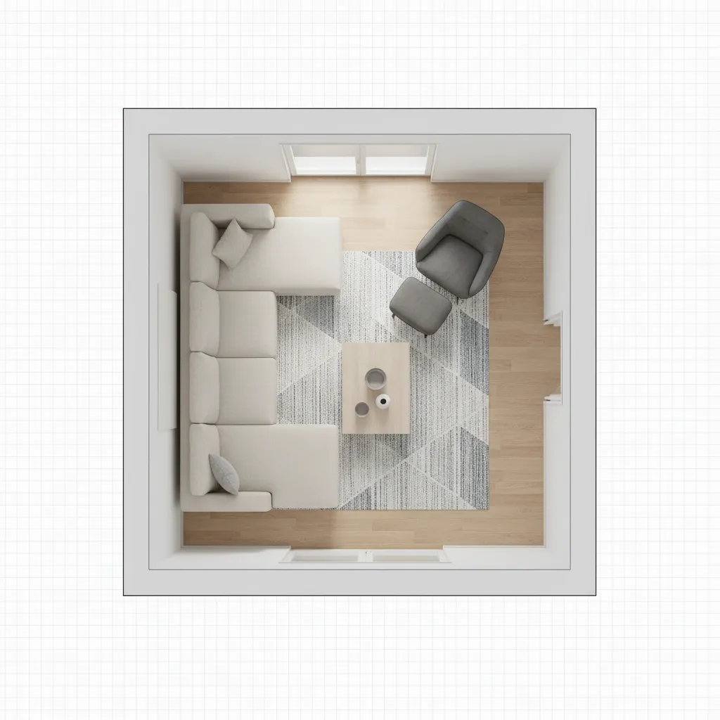 Plano de distribución de sala con sofá en L y mesa de centro