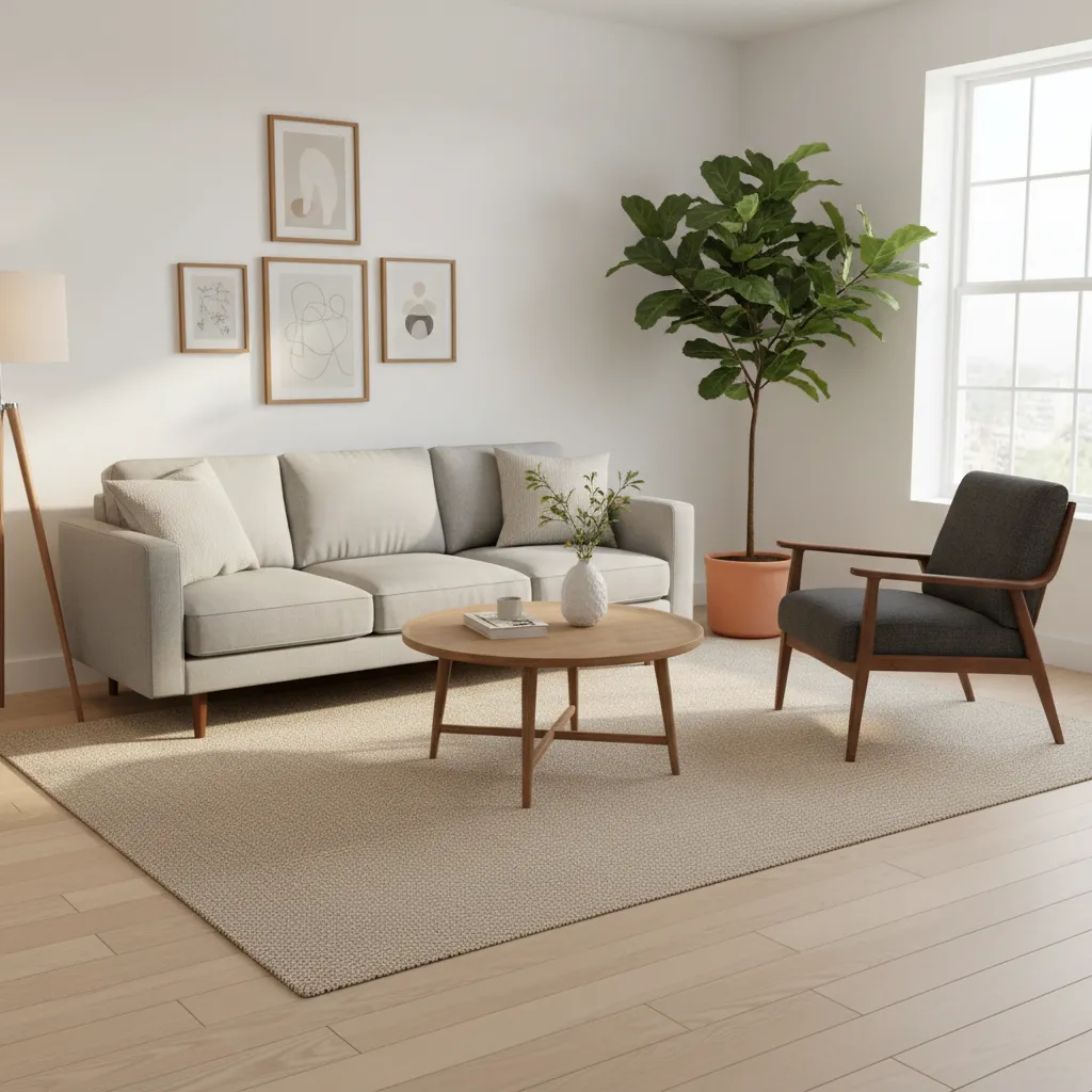 Salón moderno con distribución equilibrada de sofá, mesa y circulación