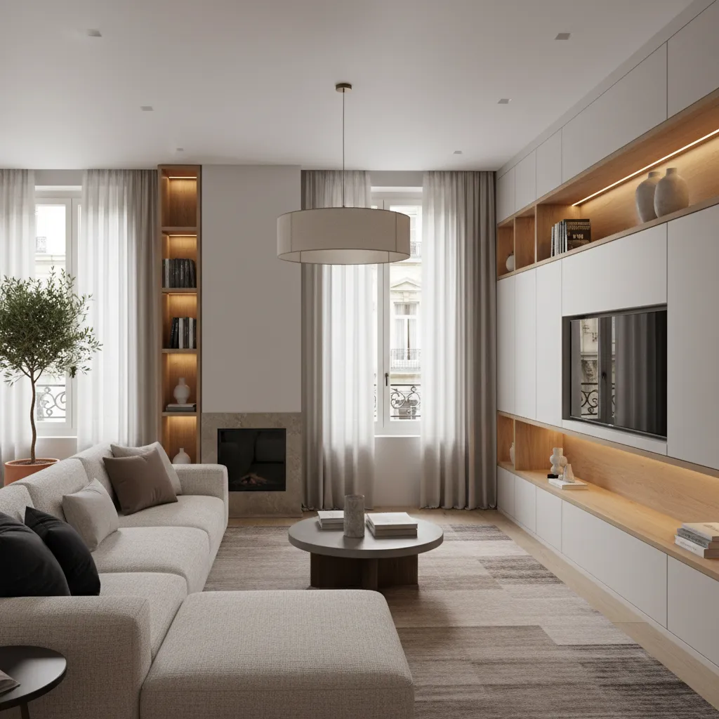 Ejemplo de salón bien distribuido con zona de estar y almacenamiento integrado