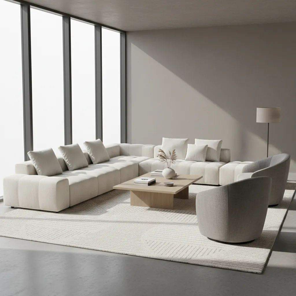 balanced living room layout with centered sofa and chairs forming conversation area