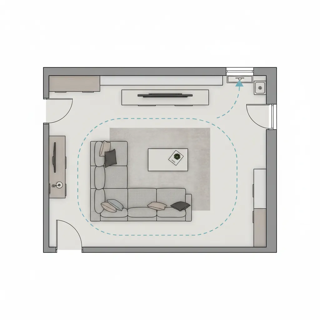 living room floor plan layout with furniture placement and walking paths