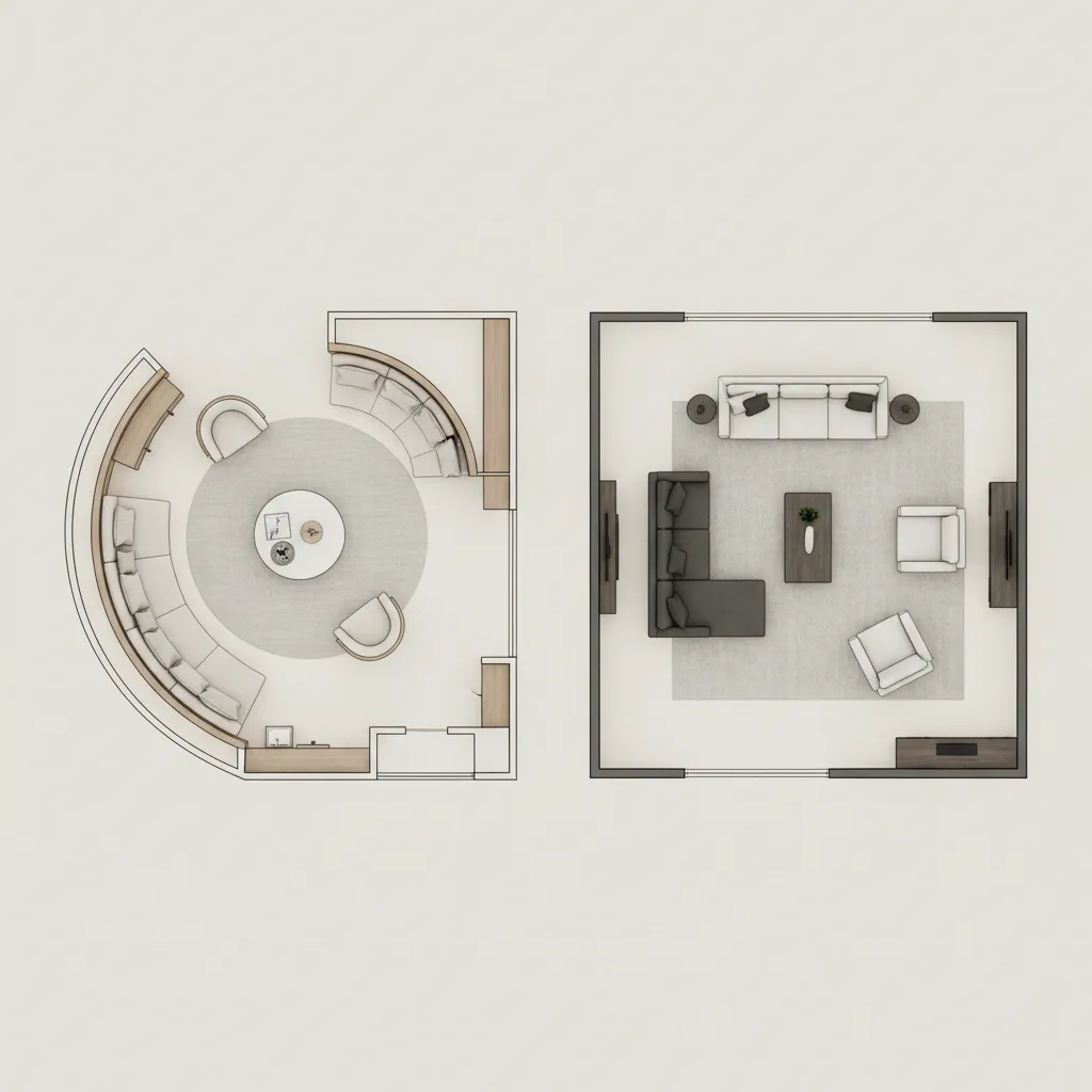 floor plan comparison showing curved living room layout versus rectangular room layout