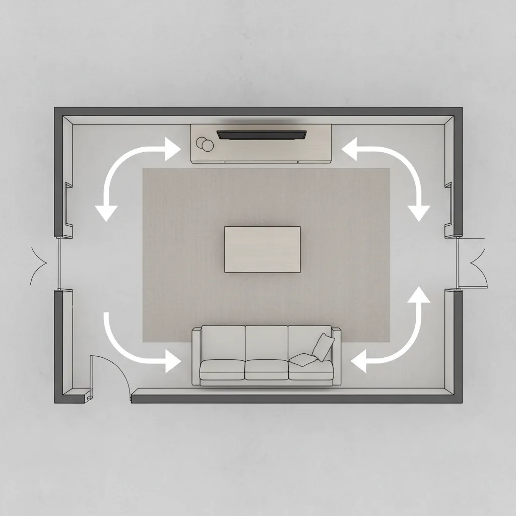 2D living room furniture layout diagram showing sofa coffee table and walking space