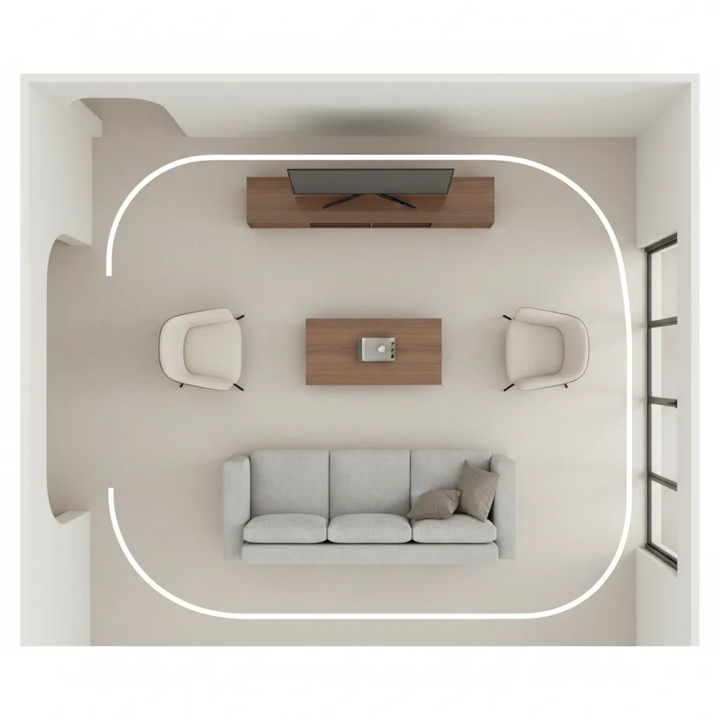 living room floor plan layout with sofa coffee table and walkway clearance