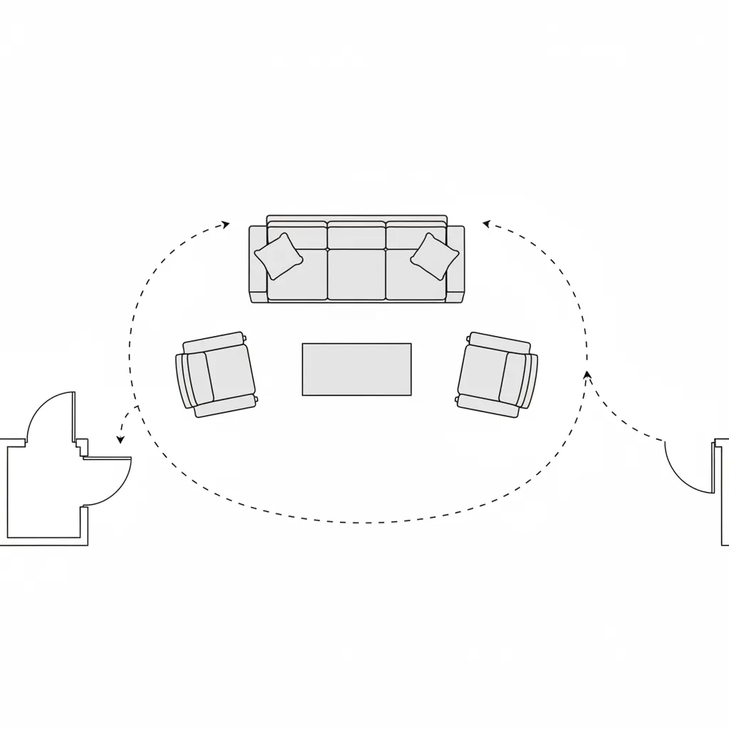 2D floor plan showing living room furniture layout and circulation paths