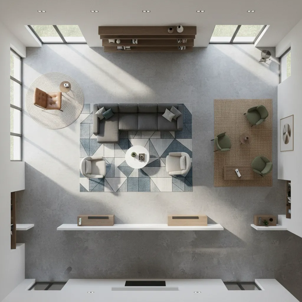 Top view interior design drawing showing a gray sofa chairs rugs and light concrete floor