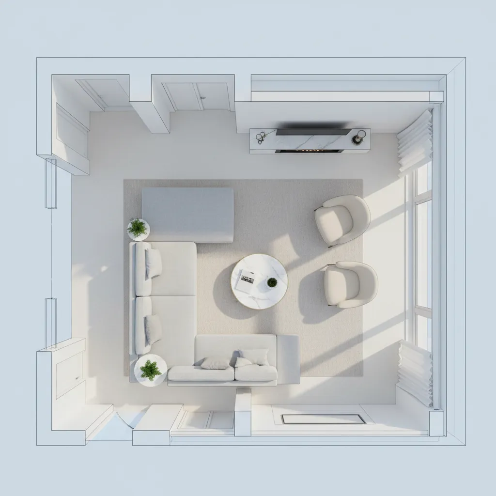 Overhead living room interior design drawing showing a grey sofa two chairs and coffee table