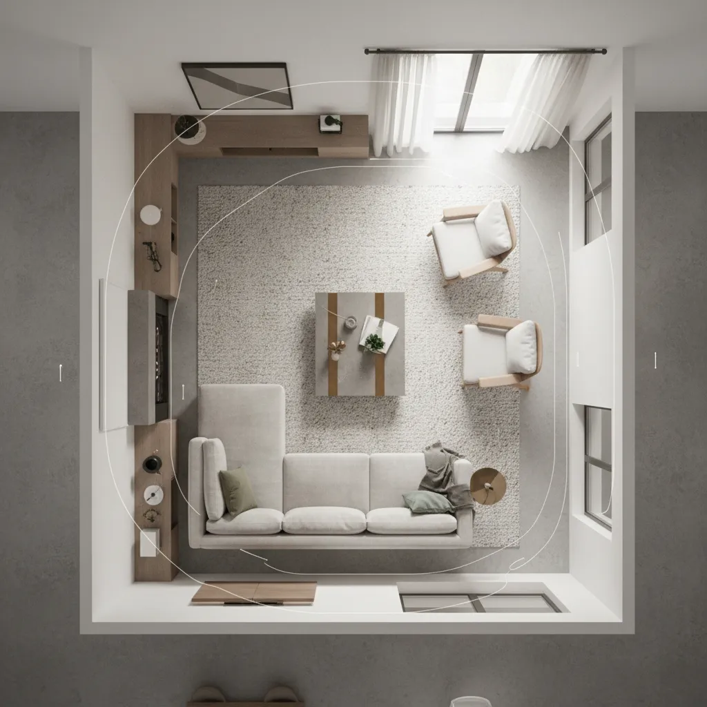 living room layout showing furniture placement and circulation paths