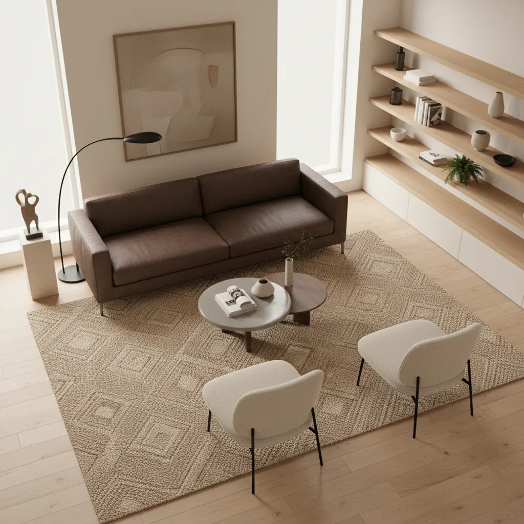 Living room layout showing leather sofa with two fabric chairs