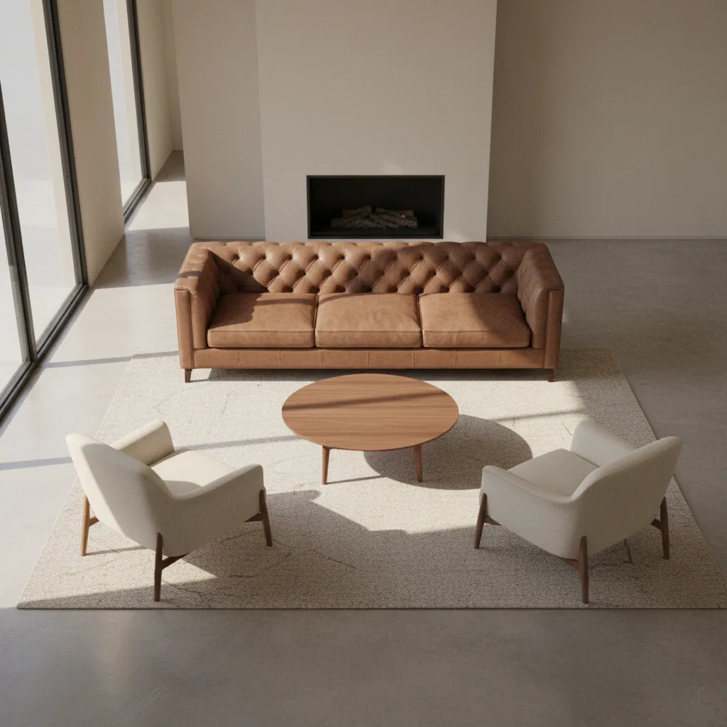 Living room layout with leather sofa and two fabric chairs facing coffee table
