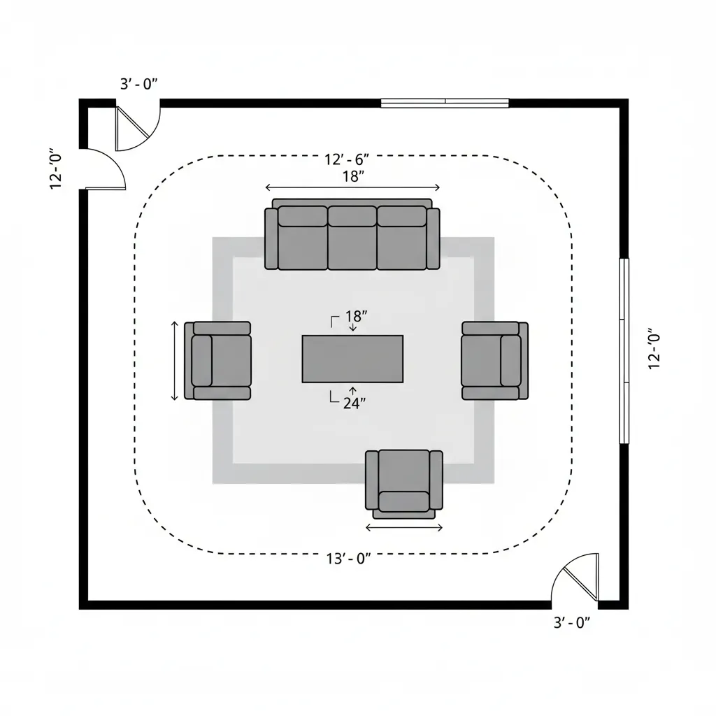 Living room floor plan showing measurements and furniture spacing