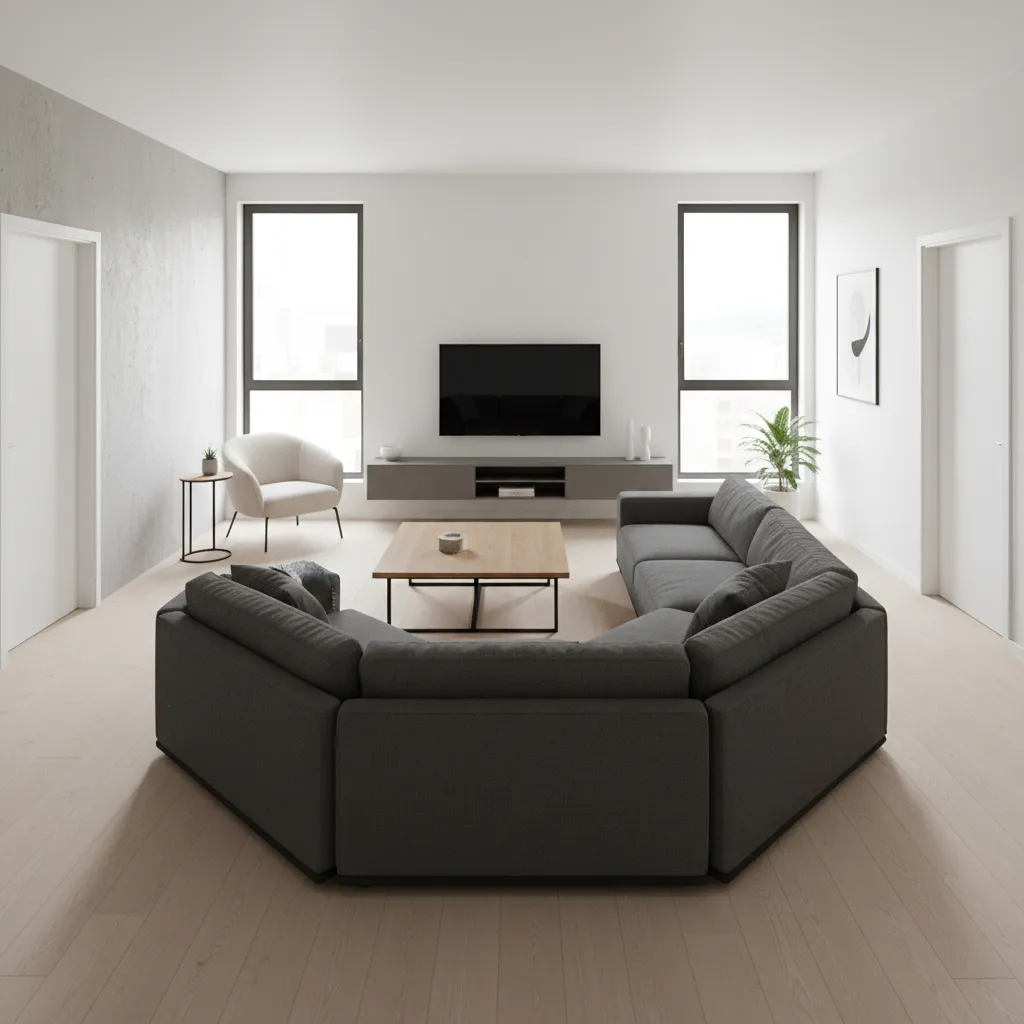 Salón moderno con distribución de muebles mostrando problemas de circulación