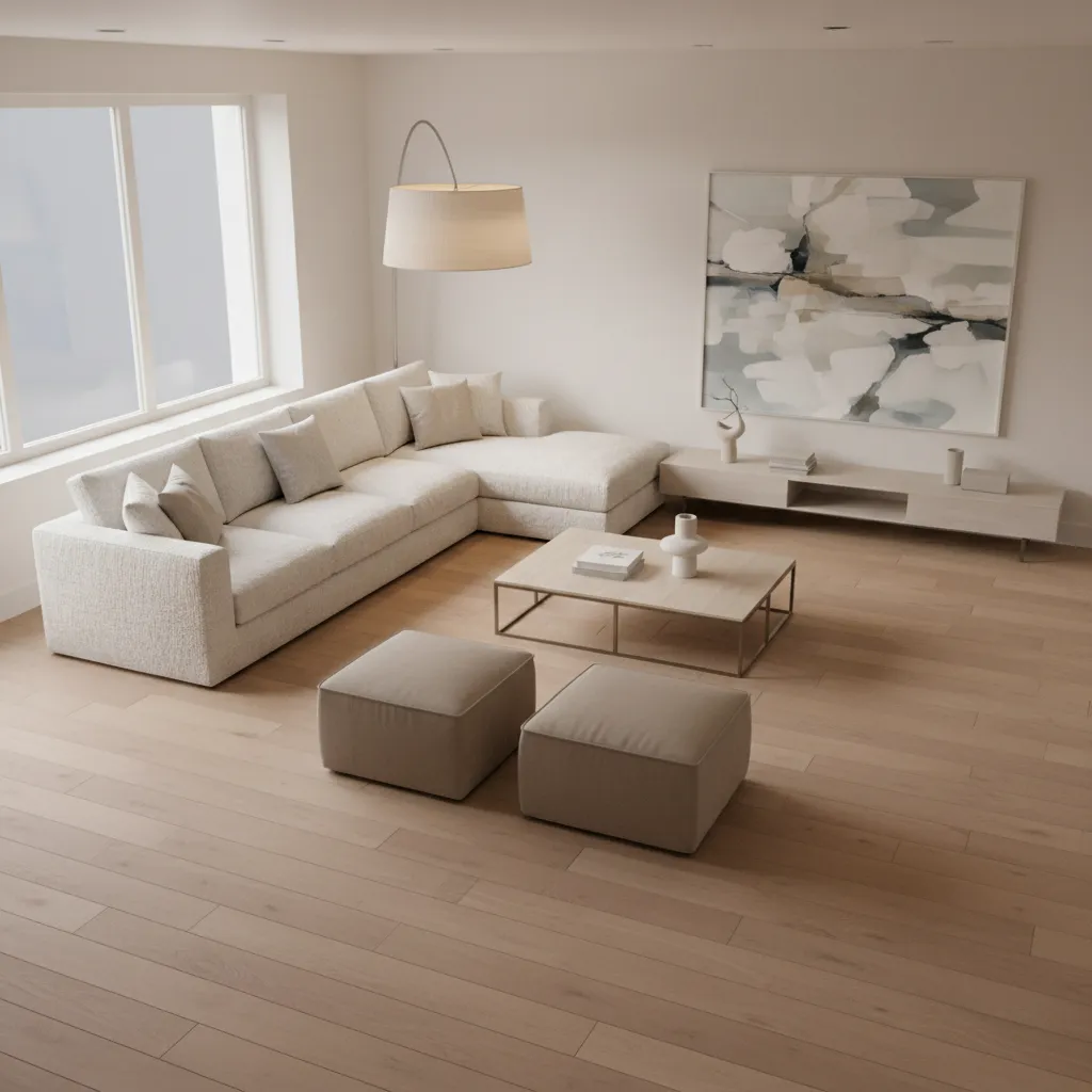 Bright living room with cream sofa wood floor coffee table two footrests and floor lamp