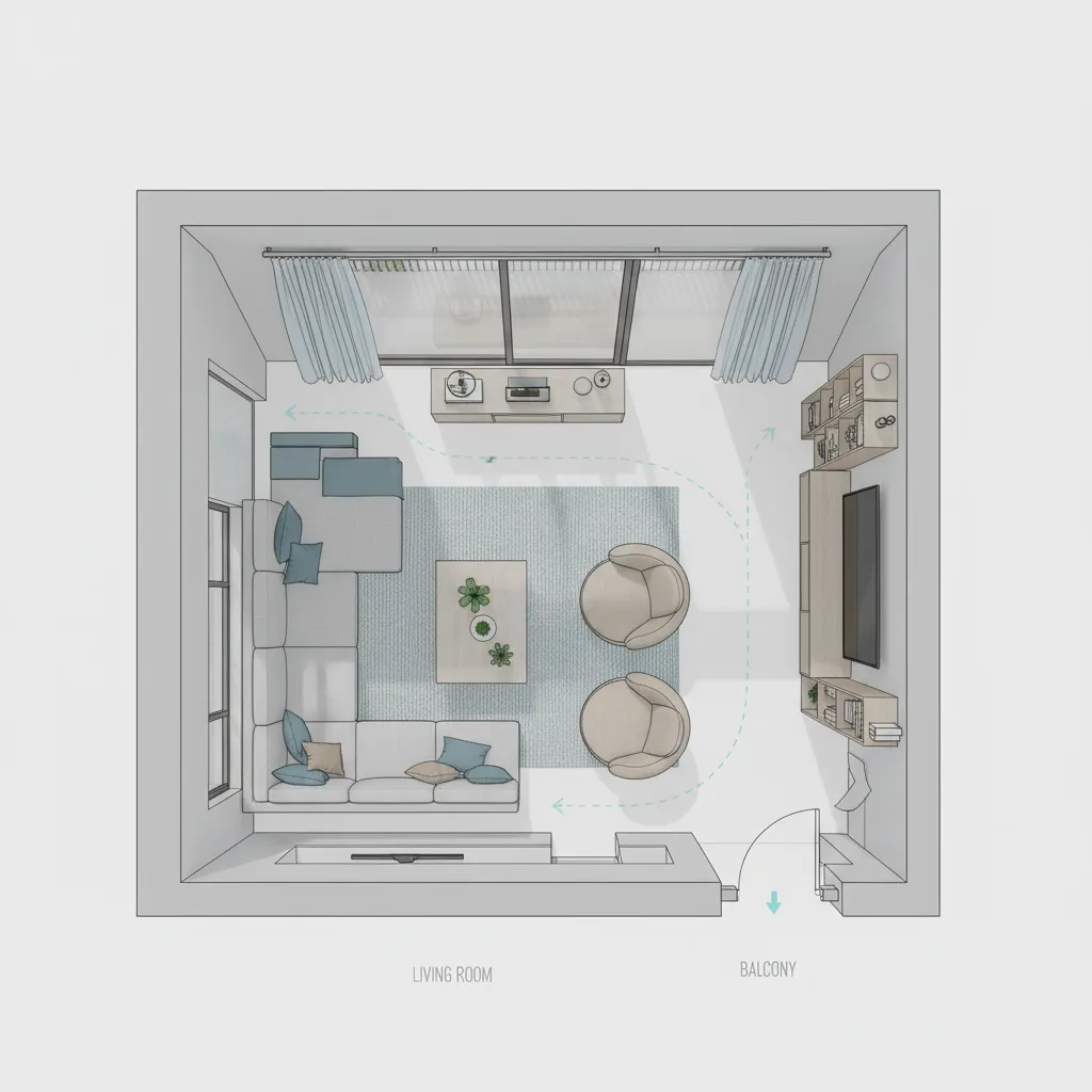 Plano de distribución de un salón con zonas de circulación marcadas