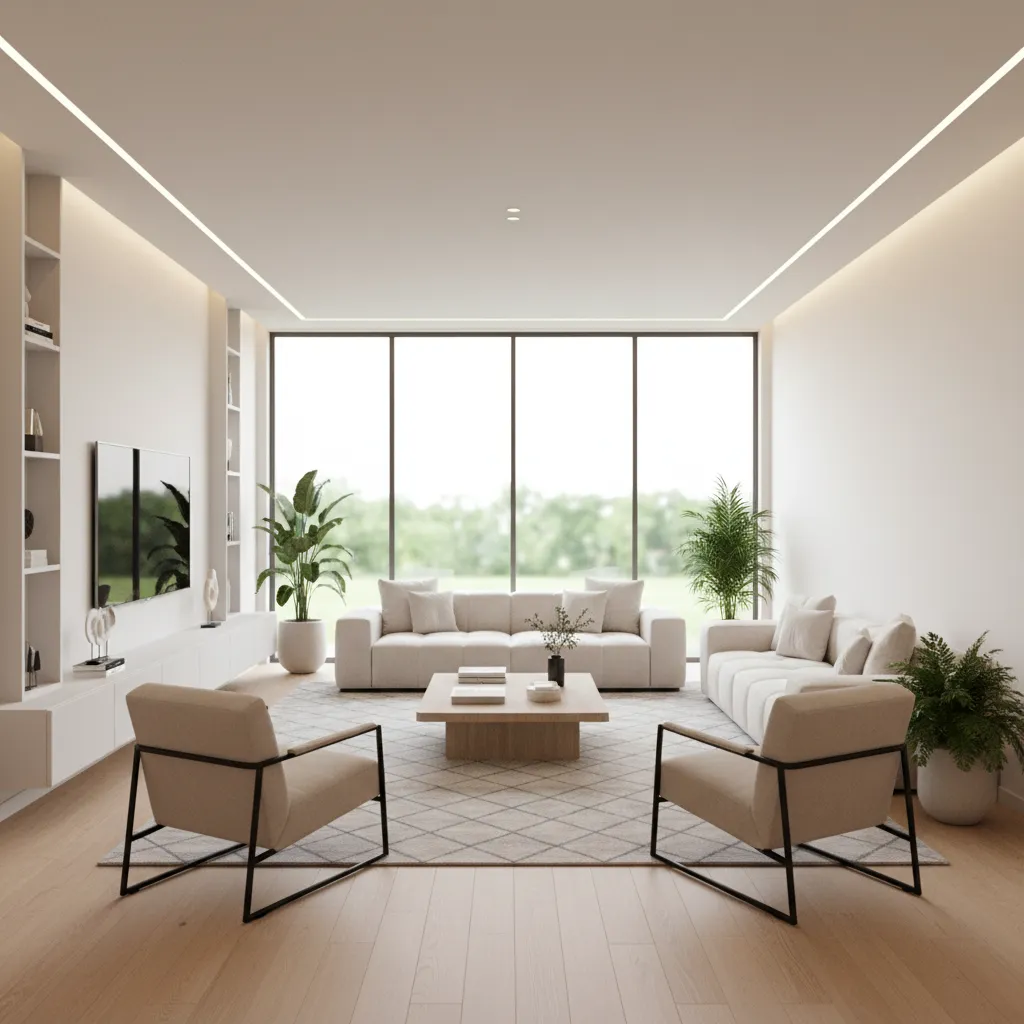 automatic furniture layout generated for a modern living room floor plan
