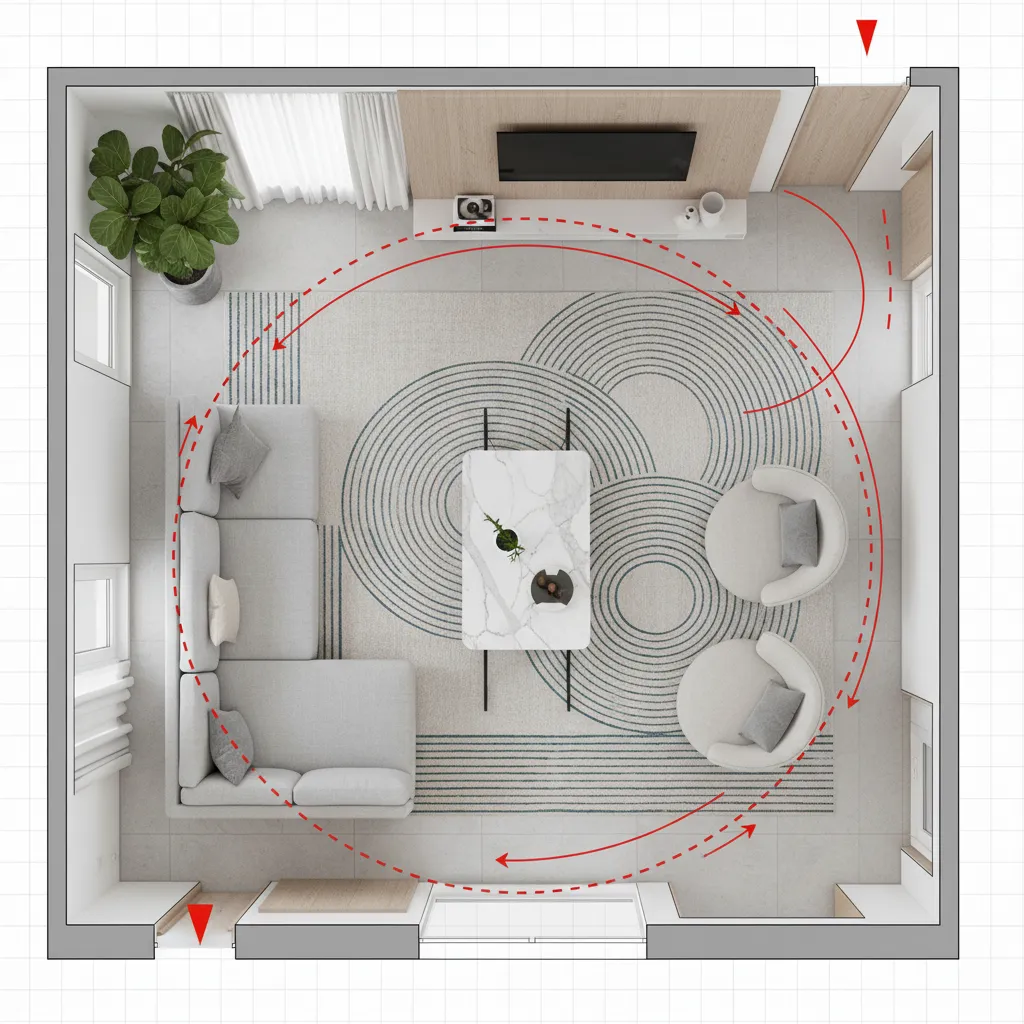 Plano de distribución de un salón con zonas de circulación marcadas