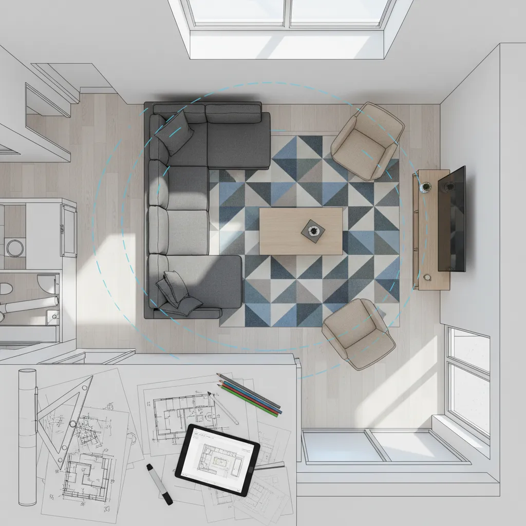 Top view interior design drawing of living room with sofa rug chairs and paper floor plans